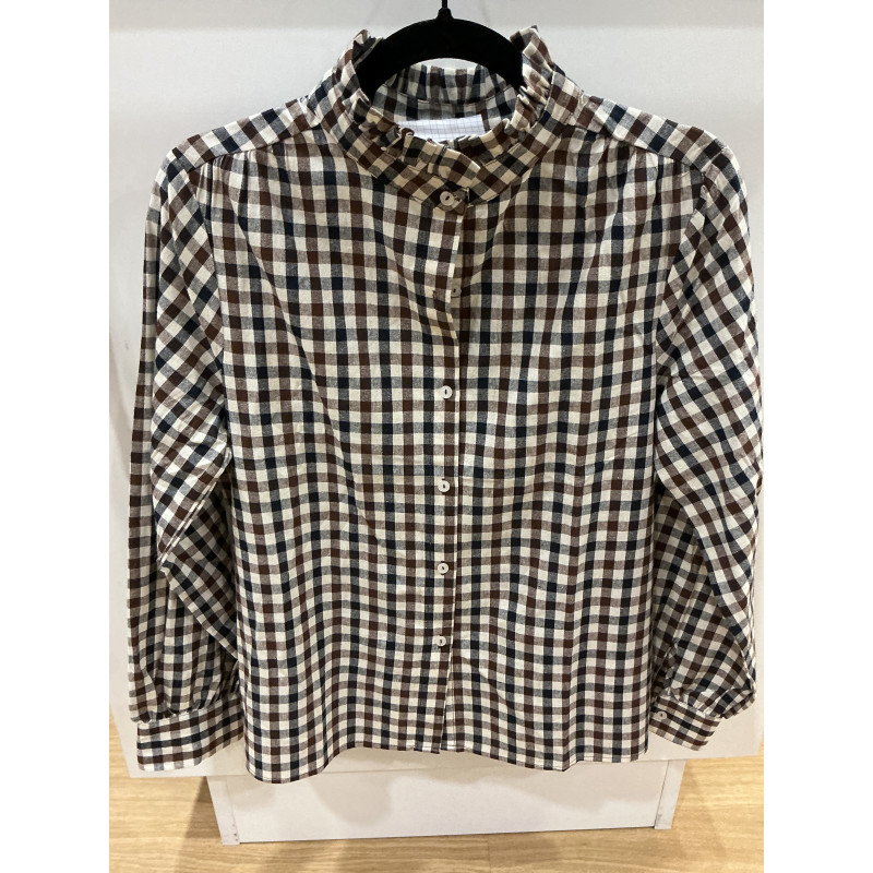 Chemise carreaux marine et choco col victorien