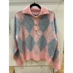 Pull losange col polo rose