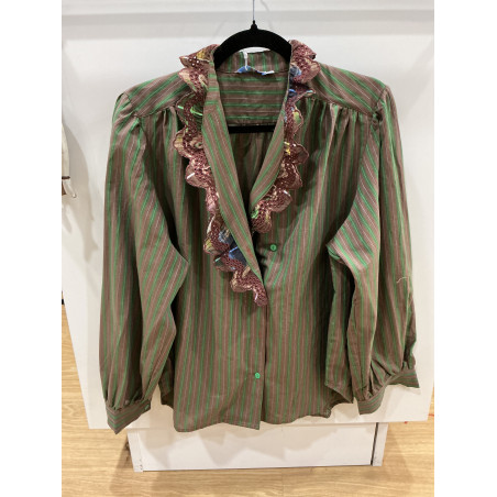 Chemise volant rayée vert