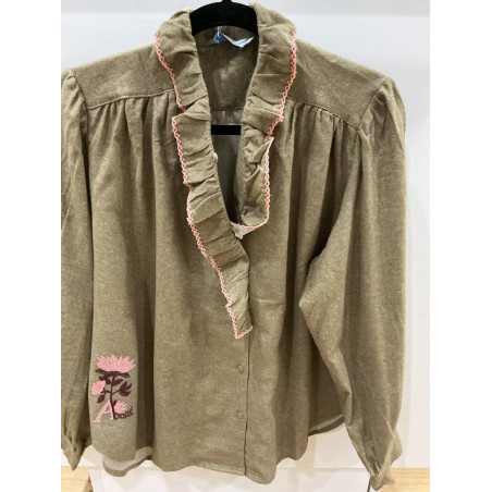 Chemise volant olive et rose