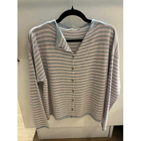 Pull gilet rayé bleu et rose