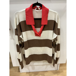 Pull col polo rayé camel et rouge