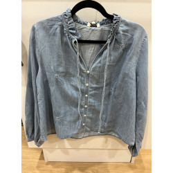 Blouse jeans bleu fleurs brodées