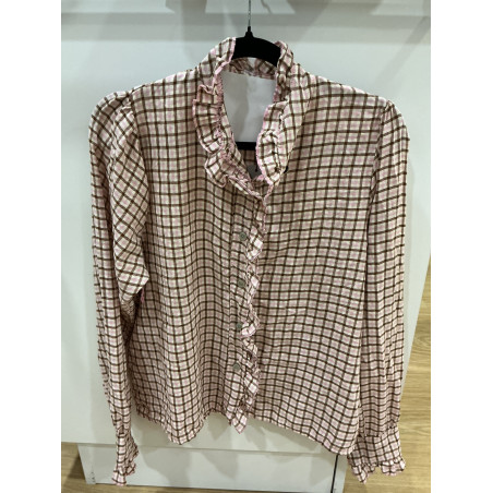 Chemise carreaux rose et camel col victorien