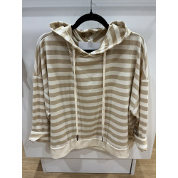 Sweat rayé beige à capuche