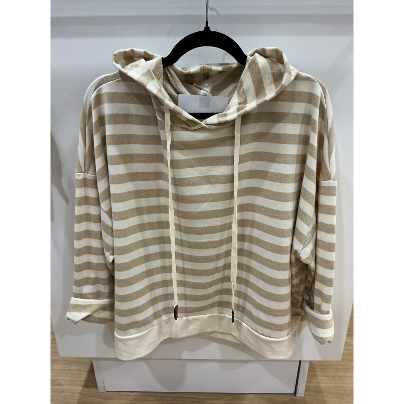 Sweat rayé beige à capuche