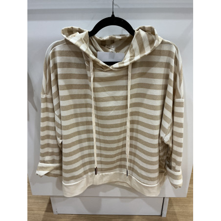 Sweat rayé beige à capuche