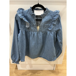 Blouse jeans bleu et volants