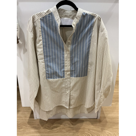 Chemise col mão rayée beige et bleu ciel