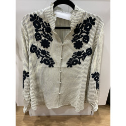 Chemise rayée beige et broderies marine