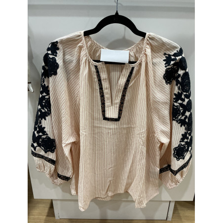 Blouse rayée rose et broderies marine