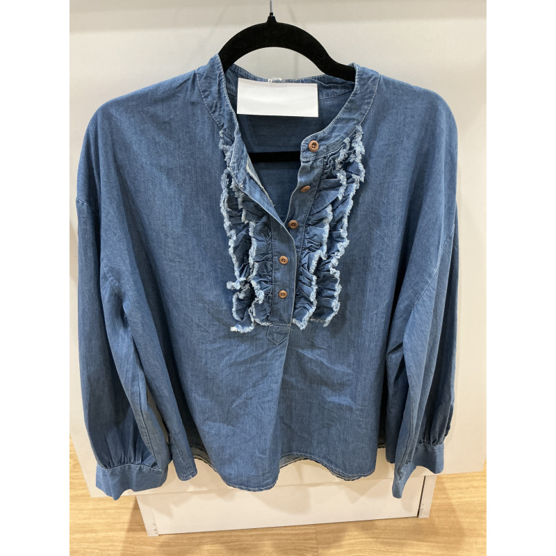 Blouse col mão volants jeans bleu