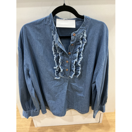 Blouse col mão volants jeans bleu