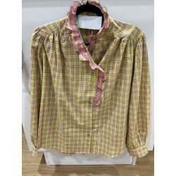 Chemise col volant carreaux rose et jaune