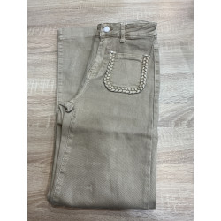 Jeans long large poches plaquées tresse beige