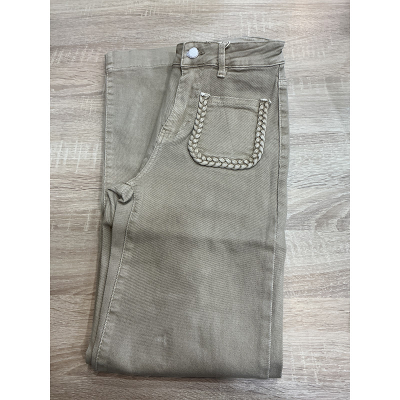 Jeans long large poches plaquées tresse beige