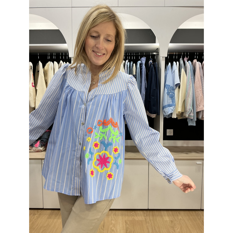 Chemise rayé bleu fleur coloré