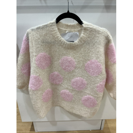 Pull écru pois rose