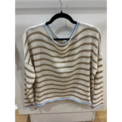 Pull rayé beige contours bleu ciel