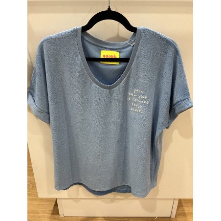 T-shirt col V éponge bleu