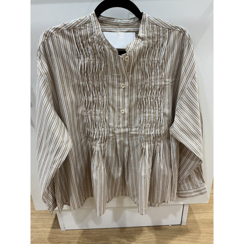 Chemise rayée beige col mao