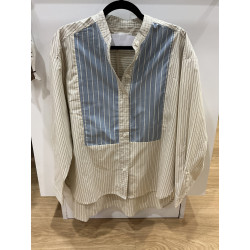 Chemise col mão rayée beige et bleu ciel