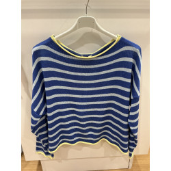 Pull rayé bleu roi et bleu ciel col jaune