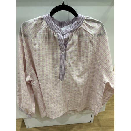 Blouse col mao carreaux rose et mauve