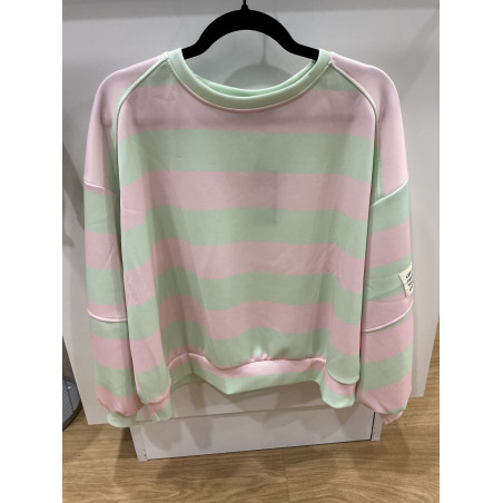 Sweat rayé rose et vert pastel