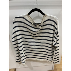 Pull rayé marine écru et col or