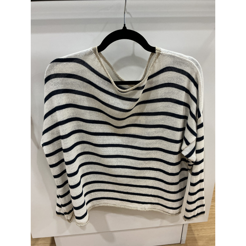 Pull rayé marine écru et col or