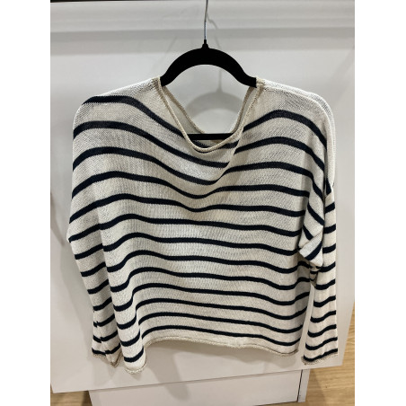 Pull rayé marine écru et col or