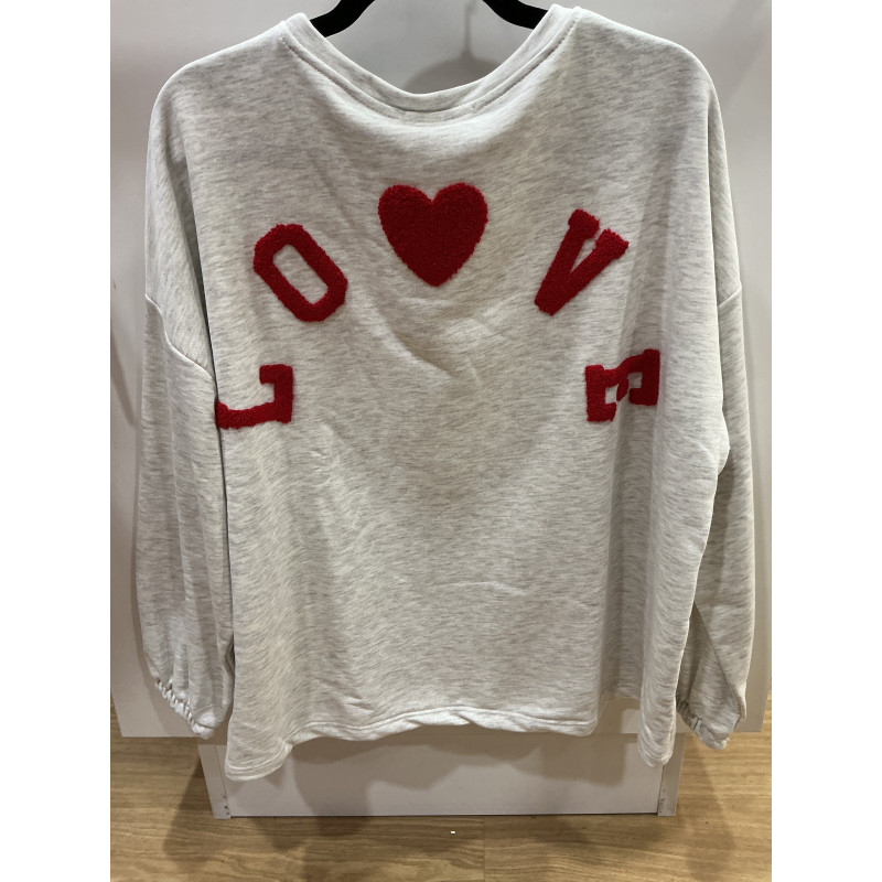 Sweat uni gris clair LOVE rouge
