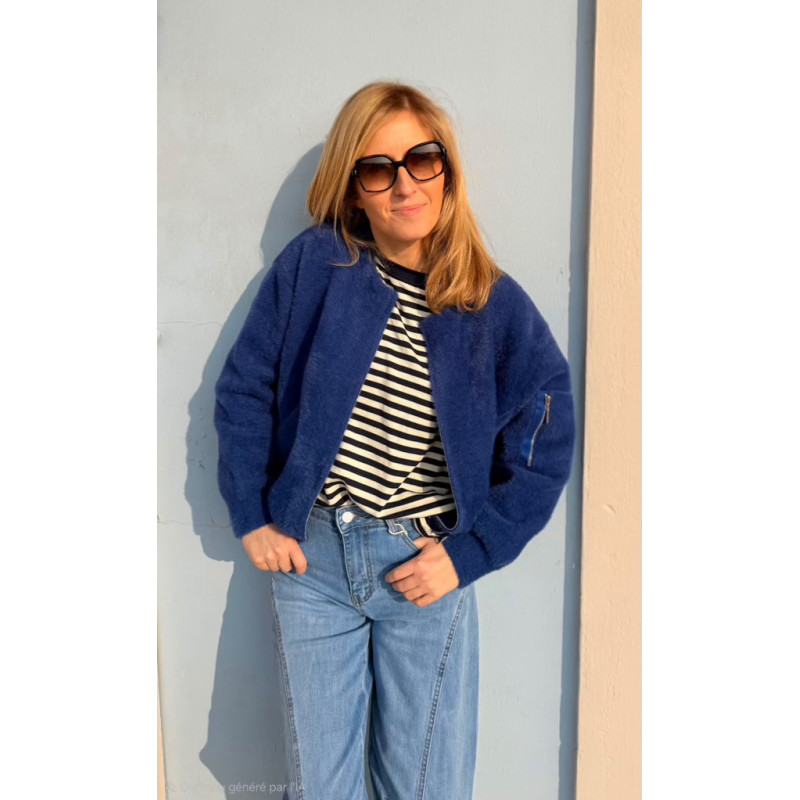 T-shirt sweat mariniere écru et marine