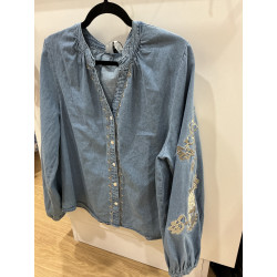 Chemise jeans bleu broderies doré