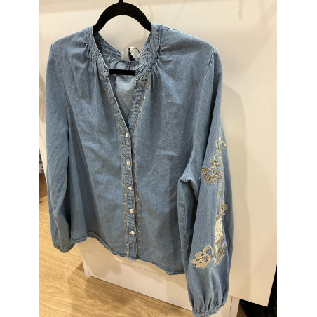 Chemise jeans bleu broderies doré
