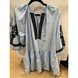 Robe Marie Rayée bleu et broderies marine