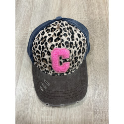 Casquette léopard bleu taupe , C rose fluo