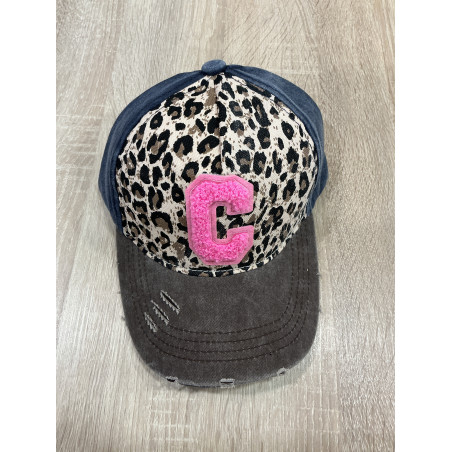 Casquette léopard bleu taupe , C rose fluo