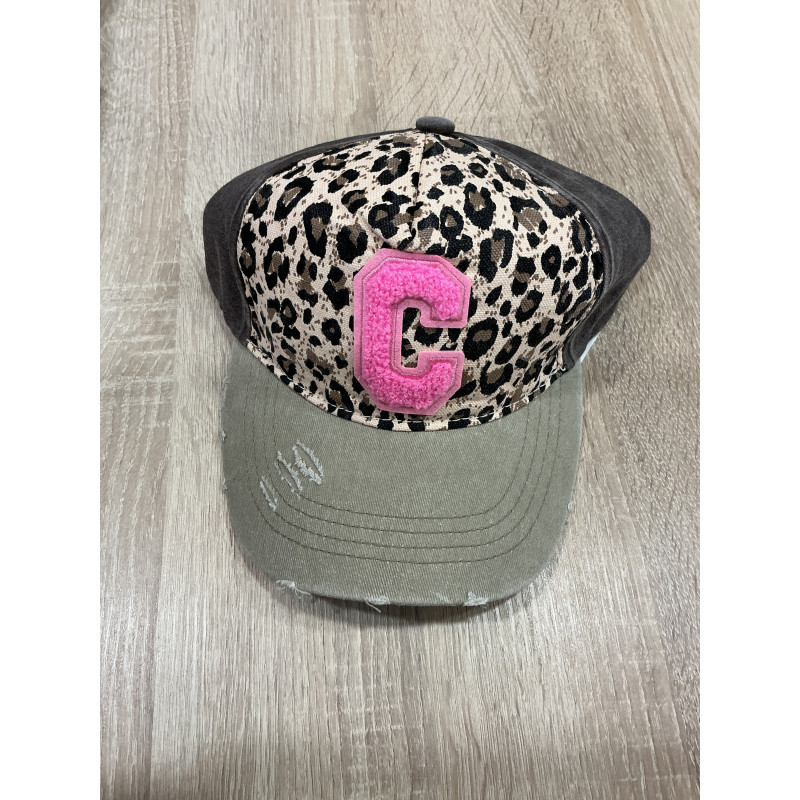 Casquette léopard beige tauope , C rose fluo