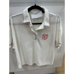 Polo éponge blanc et surpiqûres rose