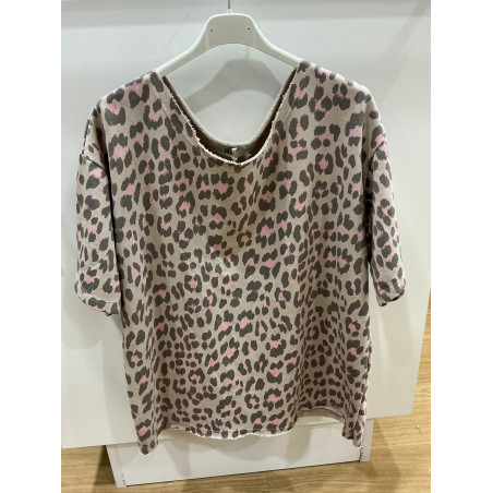 Sweat manches courtes léopard taupe et rose