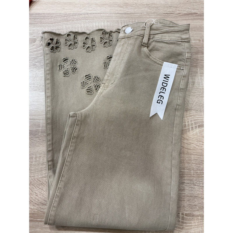 Jeans large broderie beige