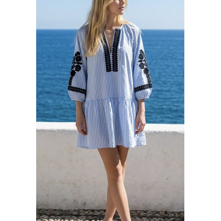 Robe Marie Rayée bleu et broderies marine