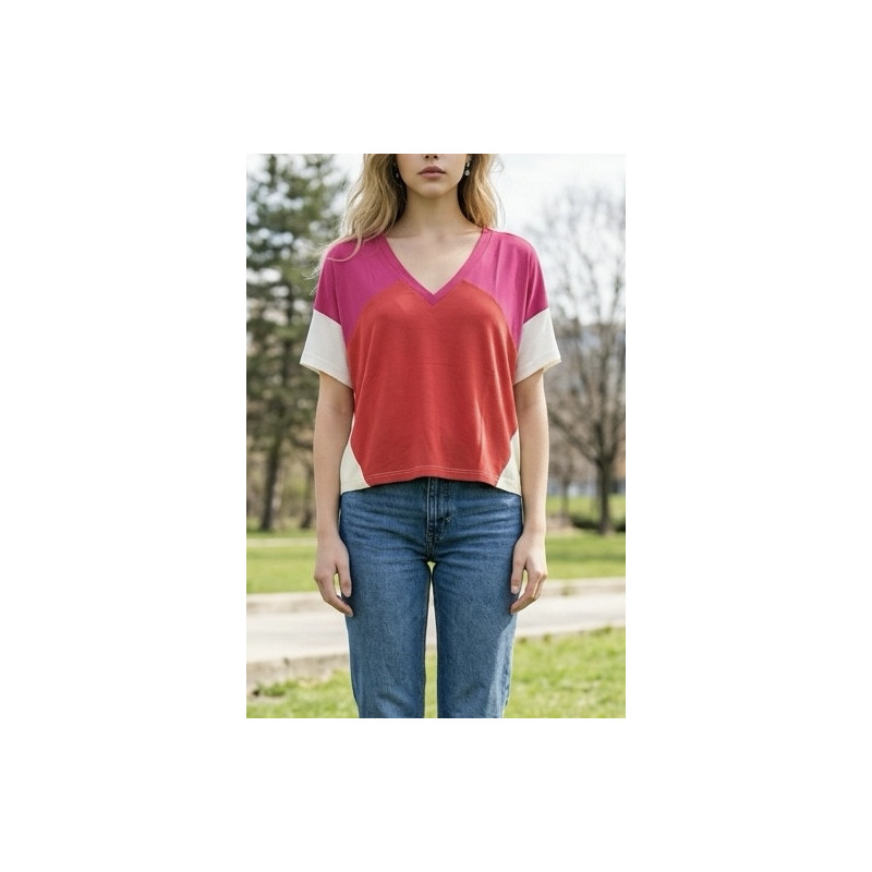 T-shirt col Vtri color fuschia