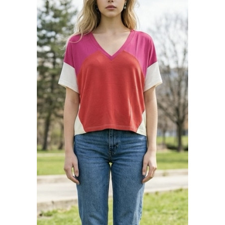 T-shirt col Vtri color fuschia