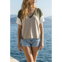 T-shirt col V tri color kaki