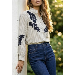 Chemise rayée beige et broderies marine