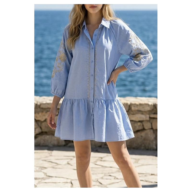 Robe rayée bleu broderies doré