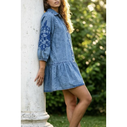 Robe Stephanie jeans et broderies bleu